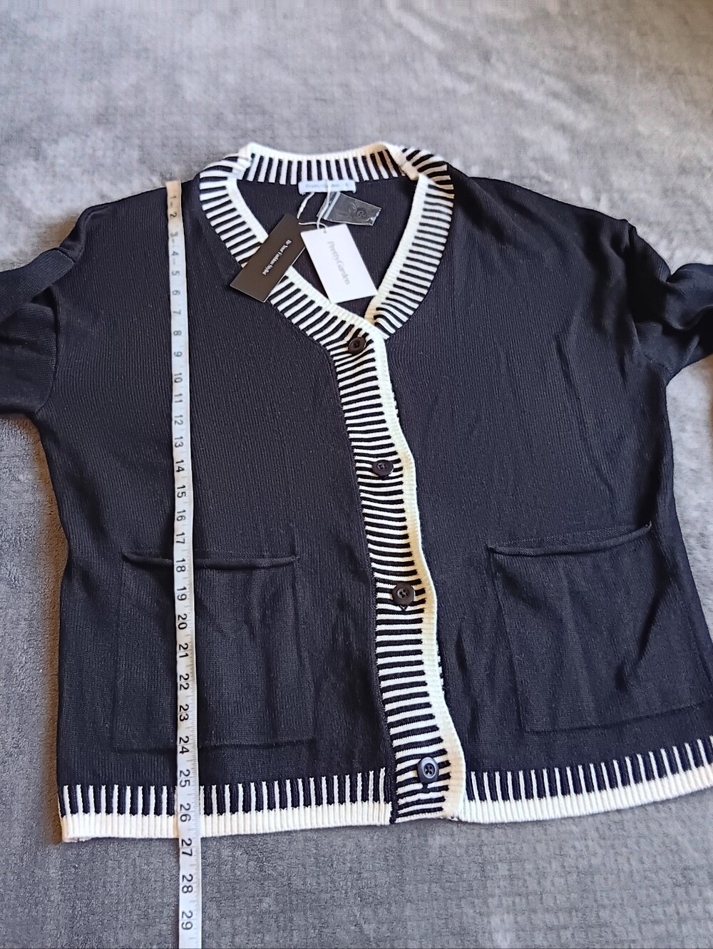 NWT Pretty Garden Black Cardigan Sweater W/ White Stripe Trim Womens Extra Large - Picture 5 of 8